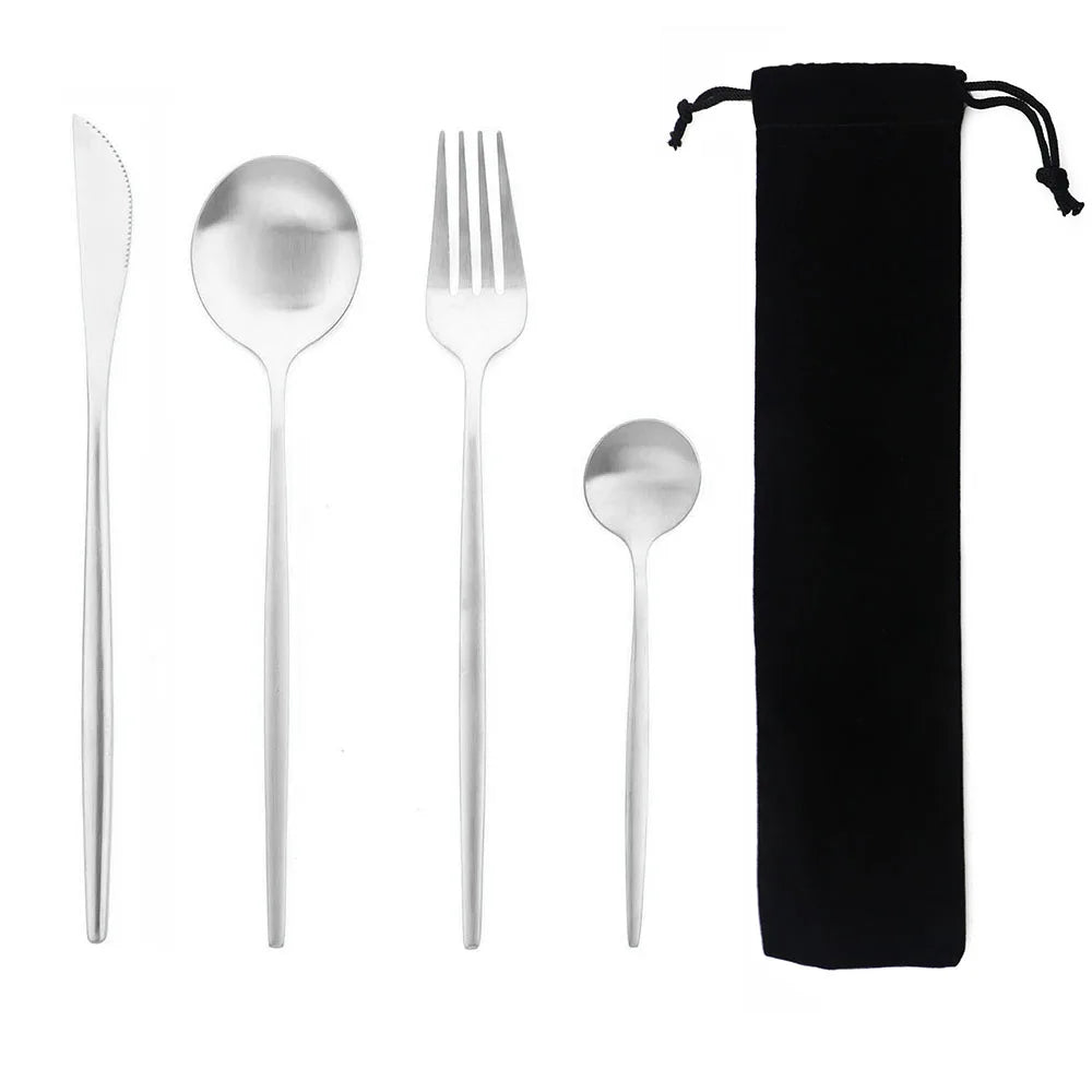 Portable 4Pcs Dinnerware Set Stainless Steel Tableware Cutlery Western Knife Fork TeaSpoon Kitchen Dinner Flatware Set with Bag - Slobuy