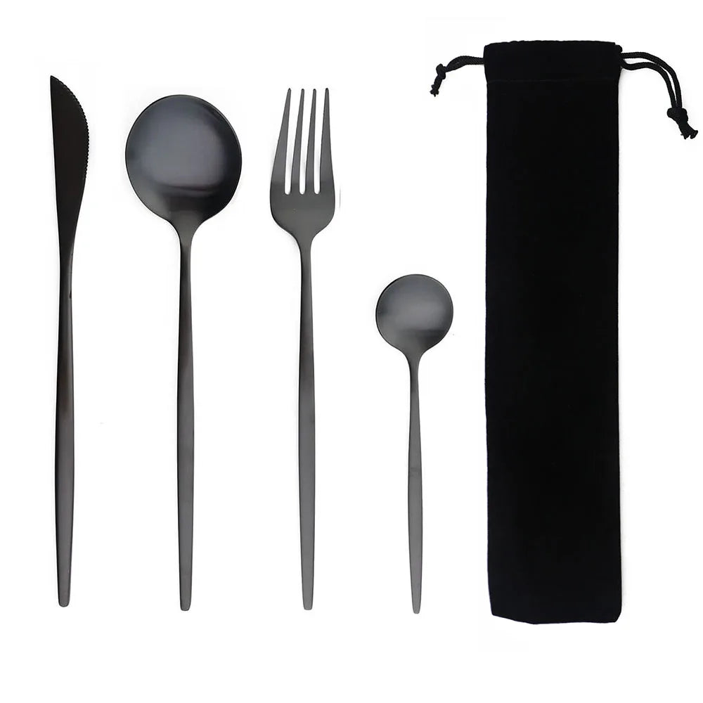 Portable 4Pcs Dinnerware Set Stainless Steel Tableware Cutlery Western Knife Fork TeaSpoon Kitchen Dinner Flatware Set with Bag - Slobuy
