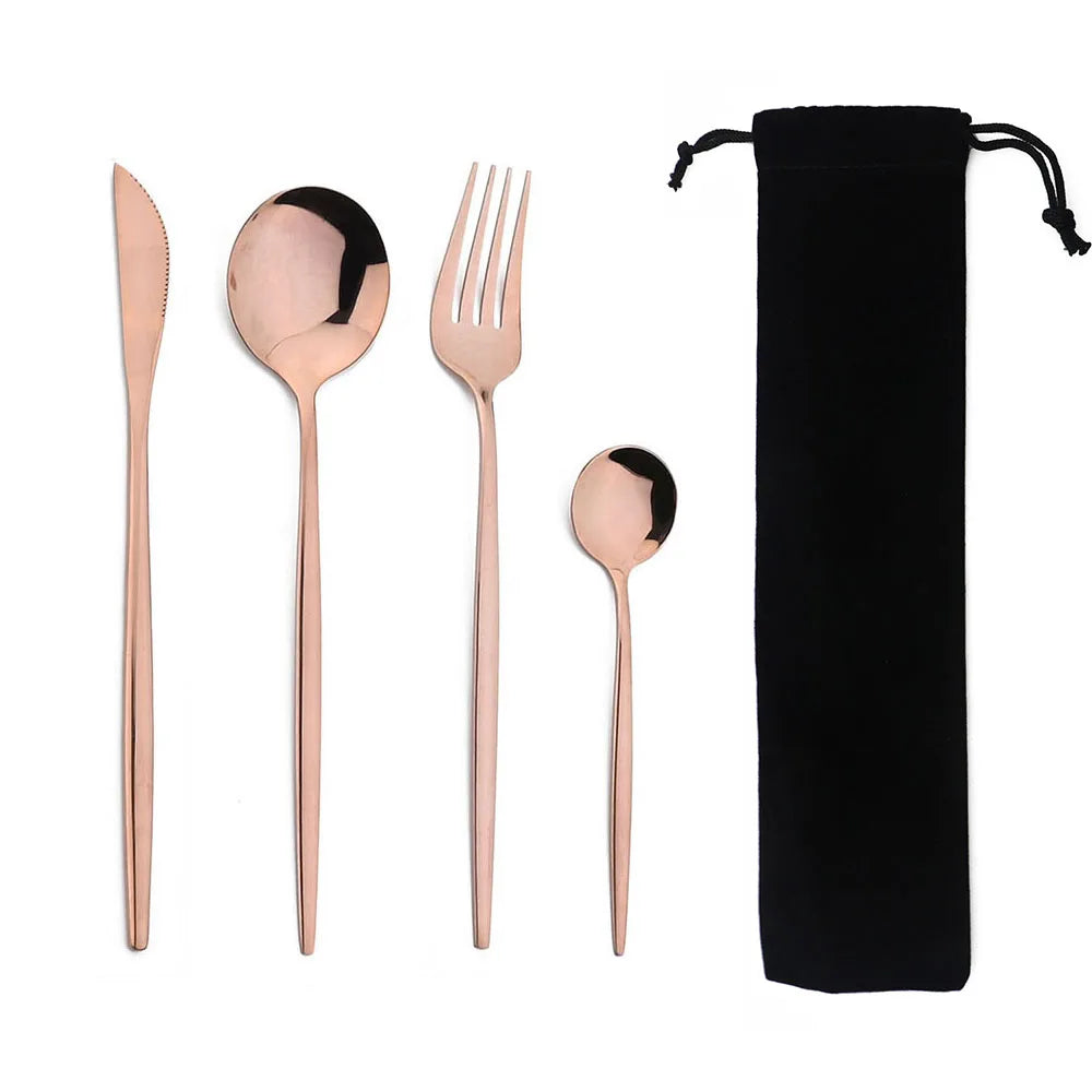 Portable 4Pcs Dinnerware Set Stainless Steel Tableware Cutlery Western Knife Fork TeaSpoon Kitchen Dinner Flatware Set with Bag - Slobuy