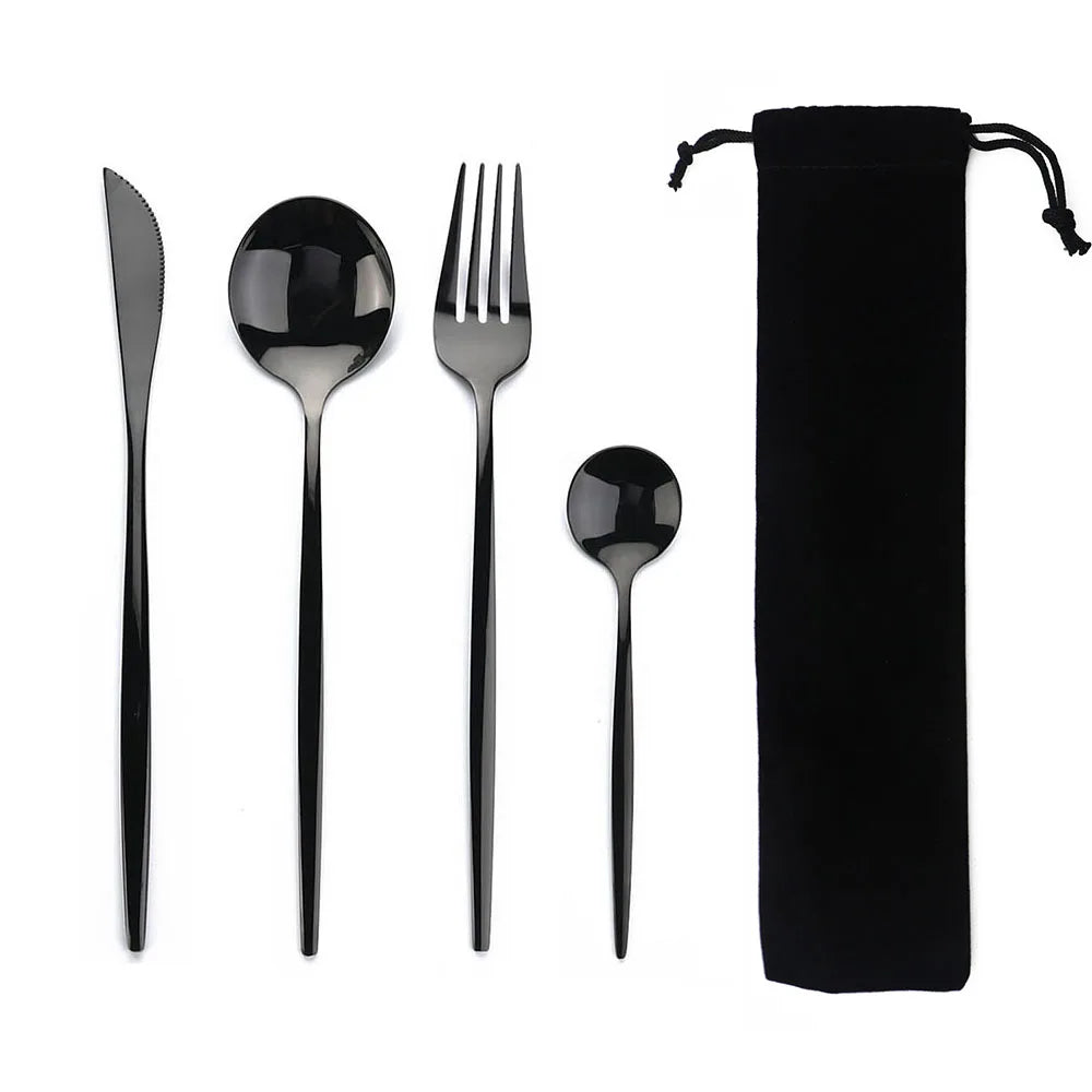 Portable 4Pcs Dinnerware Set Stainless Steel Tableware Cutlery Western Knife Fork TeaSpoon Kitchen Dinner Flatware Set with Bag - Slobuy