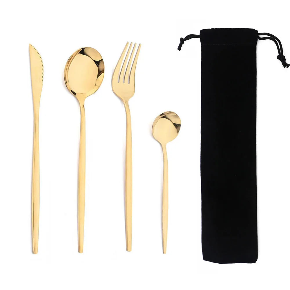 Portable 4Pcs Dinnerware Set Stainless Steel Tableware Cutlery Western Knife Fork TeaSpoon Kitchen Dinner Flatware Set with Bag - Slobuy