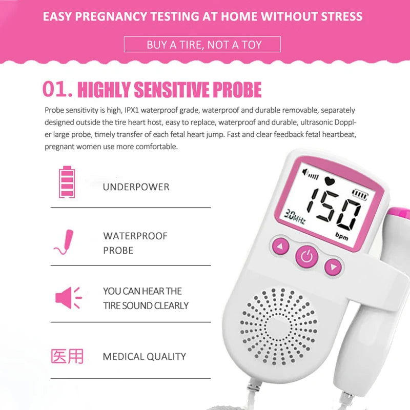 Portable Fetal Doppler Baby Monitor Heart Beat Monitor Probe LCD Display For Pregnant Maternity Women Home Pregnancy Pink Blue - Slobuy