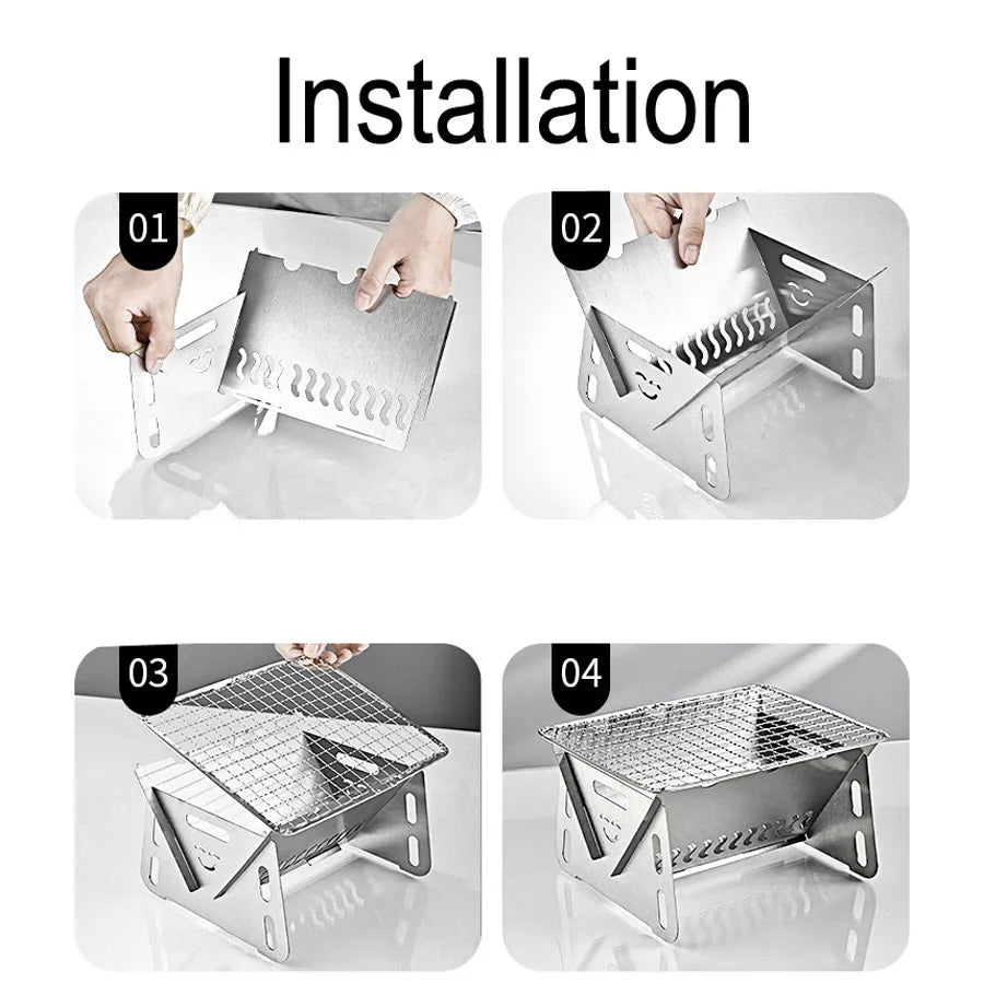 Portable Folding Barbecue Grill Heating Stoves Multifunction Camping BBQ Grill Rack Net Firewood Stove Stainless Steel BBQ Grill - Slobuy