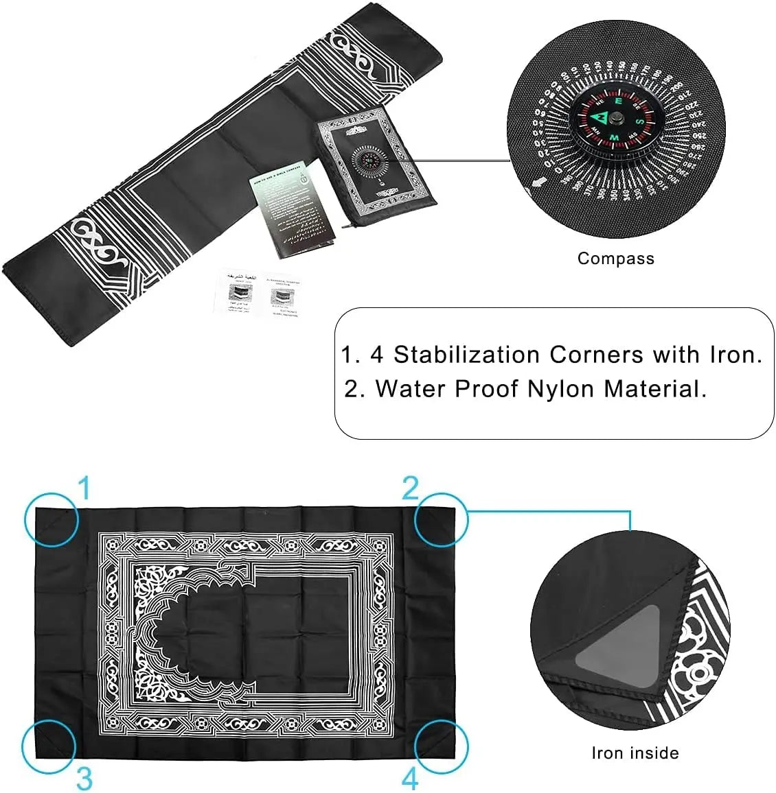 Prayer Rug Polyester Portable Braided Mats Simply Print with Compass In Pouch Travel Home New Style Mat Blanket 100x60cm - Slobuy