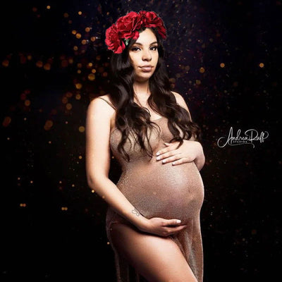 Pregnancy Dress Shoot Gold Knitted Maternity Dresses for Photo Shoot Robe Transparent hollowed Clothing Props - Slobuy