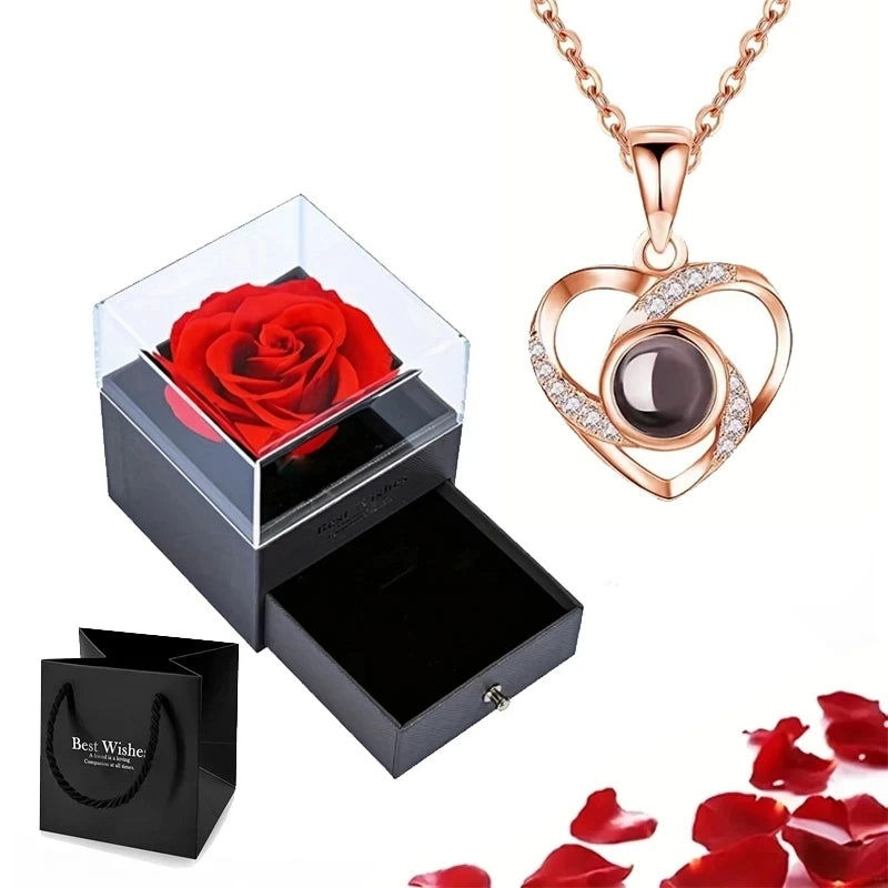 Projection Necklace Set With Rose Gift Box 100 Languages I Love You Heart Pendant Jewelry 2023 Hot Sale Accessories Dropshipping - Slobuy