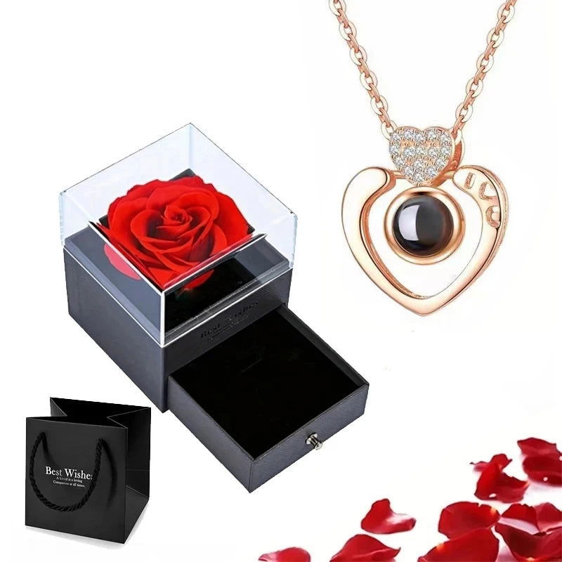 Projection Necklace Set With Rose Gift Box 100 Languages I Love You Heart Pendant Jewelry 2023 Hot Sale Accessories Dropshipping - Slobuy