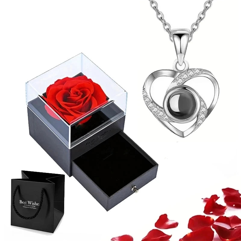 Projection Necklace Set With Rose Gift Box 100 Languages I Love You Heart Pendant Jewelry 2023 Hot Sale Accessories Dropshipping - Slobuy