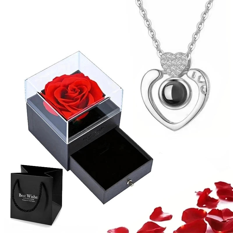 Projection Necklace Set With Rose Gift Box 100 Languages I Love You Heart Pendant Jewelry 2023 Hot Sale Accessories Dropshipping - Slobuy