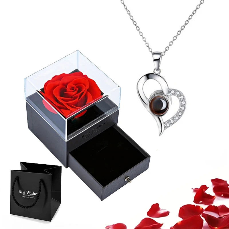 Projection Necklace Set With Rose Gift Box 100 Languages I Love You Heart Pendant Jewelry 2023 Hot Sale Accessories Dropshipping - Slobuy