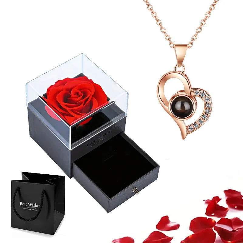Projection Necklace Set With Rose Gift Box 100 Languages I Love You Heart Pendant Jewelry 2023 Hot Sale Accessories Dropshipping - Slobuy