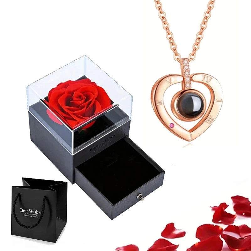 Projection Necklace Set With Rose Gift Box 100 Languages I Love You Heart Pendant Jewelry 2023 Hot Sale Accessories Dropshipping - Slobuy