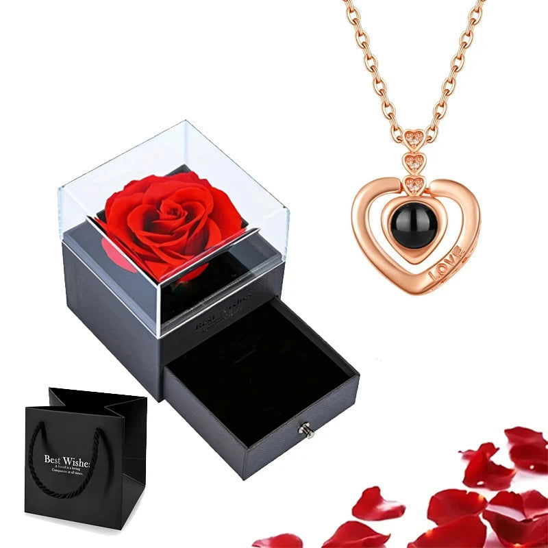 Projection Necklace Set With Rose Gift Box 100 Languages I Love You Heart Pendant Jewelry 2023 Hot Sale Accessories Dropshipping - Slobuy