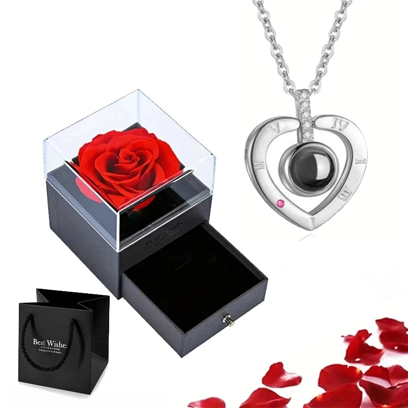 Projection Necklace Set With Rose Gift Box 100 Languages I Love You Heart Pendant Jewelry 2023 Hot Sale Accessories Dropshipping - Slobuy