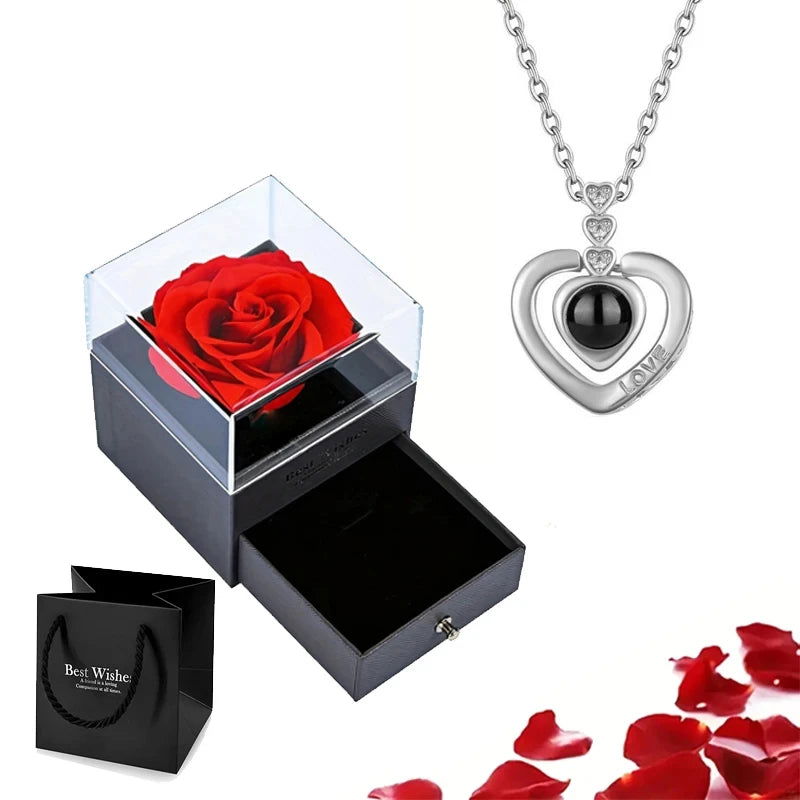Projection Necklace Set With Rose Gift Box 100 Languages I Love You Heart Pendant Jewelry 2023 Hot Sale Accessories Dropshipping - Slobuy