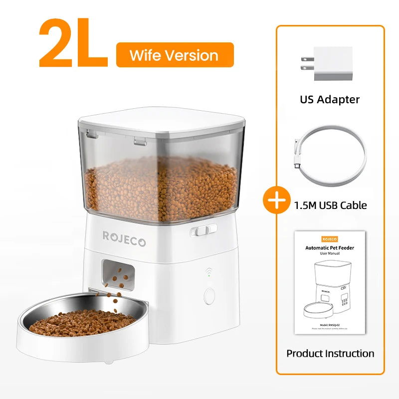 ROJECO 2L Automatic WIFI Cat Feeder Smart Pet Food Dispenser For Dry Food Dogs Kibble Dispenser With Remote Control Accessories - Slobuy