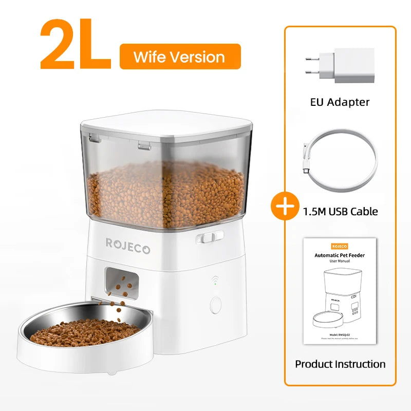ROJECO 2L Automatic WIFI Cat Feeder Smart Pet Food Dispenser For Dry Food Dogs Kibble Dispenser With Remote Control Accessories - Slobuy