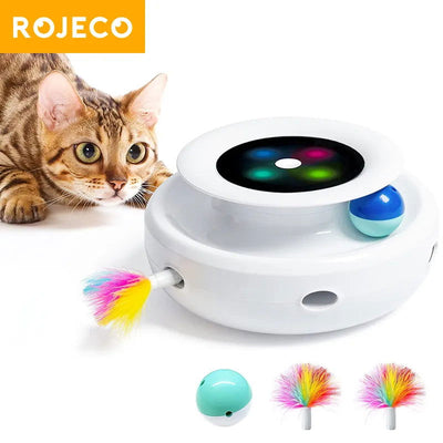 ROJECO 2 in 1 Smart Cat Toys Automatic Feather Fun Ball Toy Set For Cat Dog 5 Modes Electronic Interactive Pet Toy Accessories - Slobuy