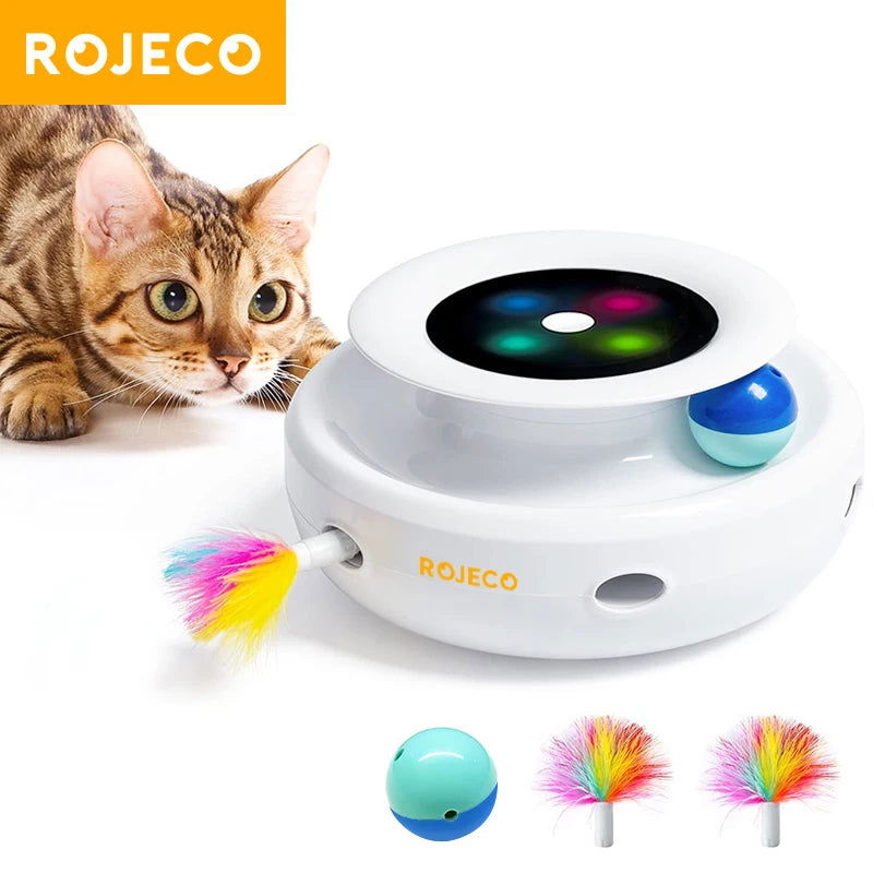ROJECO 2 in 1 Smart Cat Toys Automatic Feather Fun Ball Toy Set For Cat Dog 5 Modes Electronic Interactive Pet Toy Accessories - Slobuy