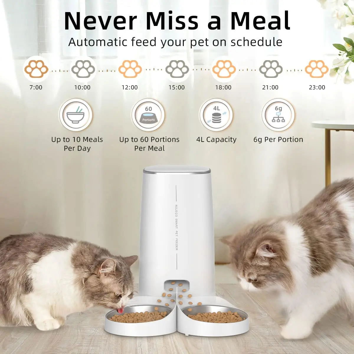 ROJECO Automatic Cat Feeder Pet Smart Cat Food Kibble Dispenser Remote Control Auto WiFi Double Feeder For Cats Dog Accessories - Slobuy