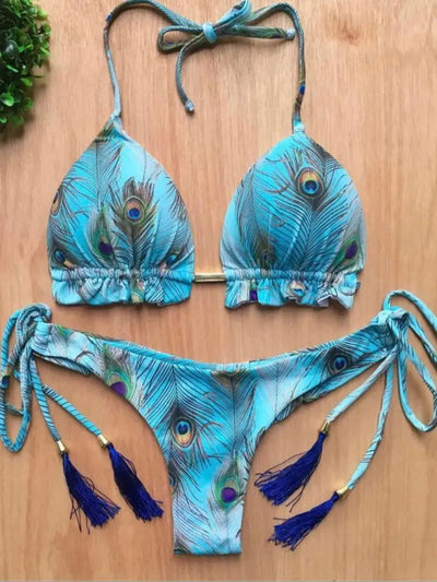 RUOTONGSEPT Sexy Micro Bikinis Set 2023 New Swimsuit Women Feather Print Bandage Swimwear Female Bathing Suit Brazilian Biquinis - Slobuy