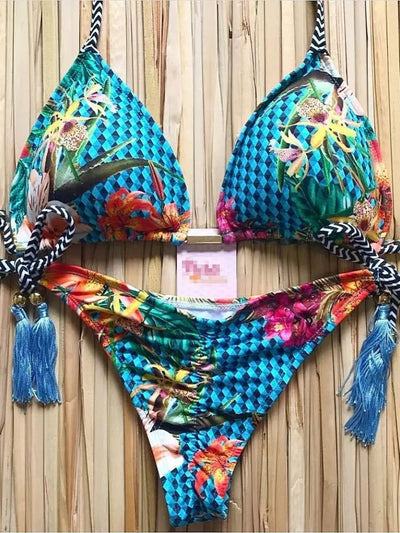 RUOTONGSEPT Sexy Micro Bikinis Set 2023 New Swimsuit Women Feather Print Bandage Swimwear Female Bathing Suit Brazilian Biquinis - Slobuy