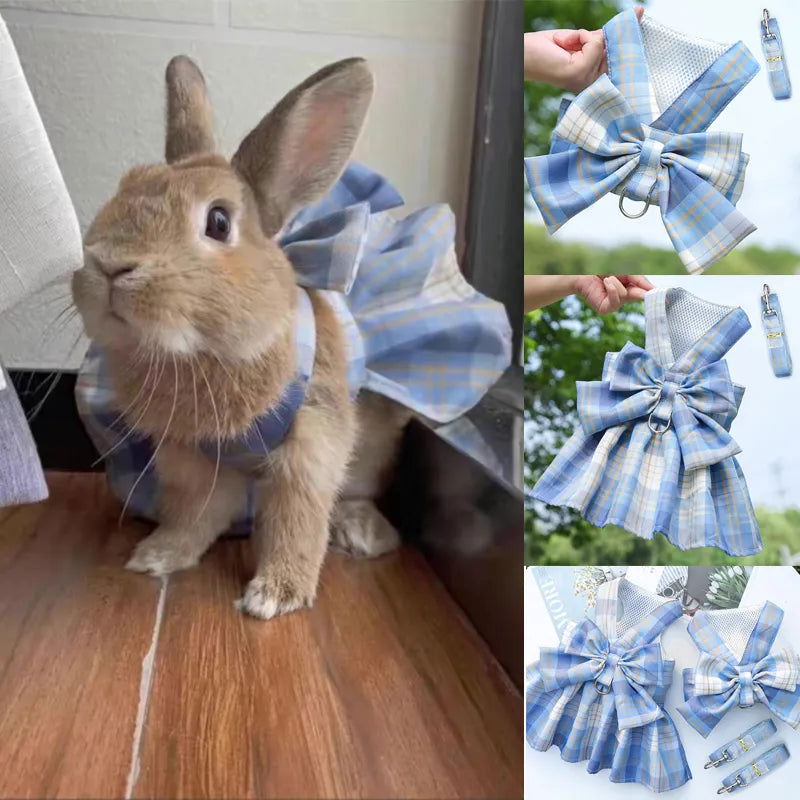 Rabbit JK Dresses and Leash Sets Mesh Plaid Pet Vest Harness for Cats Bunny Summer Small Animals Clothes Rabbits Accessories - Slobuy