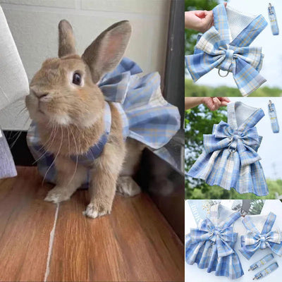 Rabbit JK Dresses and Leash Sets Mesh Plaid Pet Vest Harness for Cats Bunny Summer Small Animals Clothes Rabbits Accessories - Slobuy