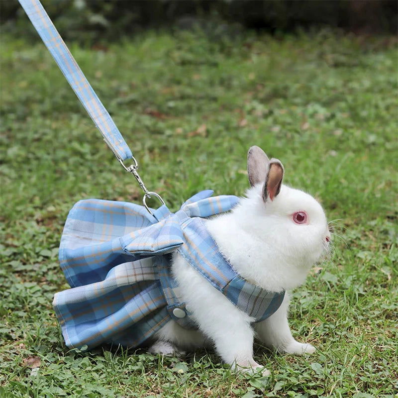 Rabbit JK Dresses and Leash Sets Mesh Plaid Pet Vest Harness for Cats Bunny Summer Small Animals Clothes Rabbits Accessories - Slobuy