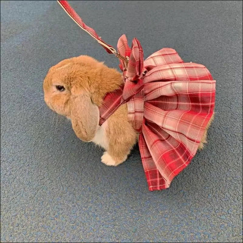 Rabbit JK Dresses and Leash Sets Mesh Plaid Pet Vest Harness for Cats Bunny Summer Small Animals Clothes Rabbits Accessories - Slobuy