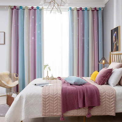 Rainbow Hollow-Out Star Blackout Curtains for Girl Kid Nursery Bedroom and Living Room Double Layer Window Cute Grommet Curtains - Slobuy