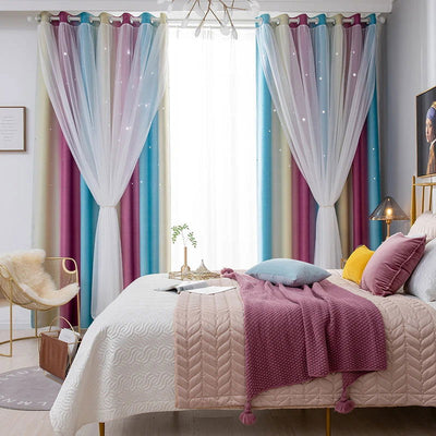 Rainbow Hollow-Out Star Blackout Curtains for Girl Kid Nursery Bedroom and Living Room Double Layer Window Cute Grommet Curtains - Slobuy