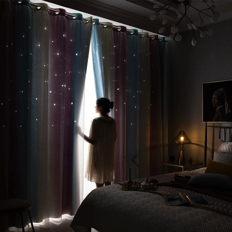 Rainbow Hollow-Out Star Blackout Curtains for Girl Kid Nursery Bedroom and Living Room Double Layer Window Cute Grommet Curtains - Slobuy