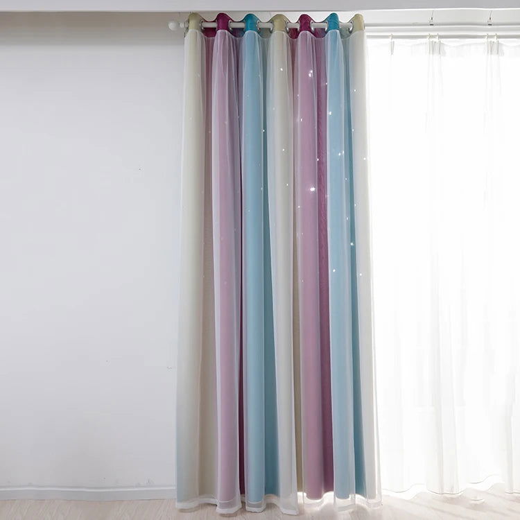 Rainbow Hollow-Out Star Blackout Curtains for Girl Kid Nursery Bedroom and Living Room Double Layer Window Cute Grommet Curtains - Slobuy