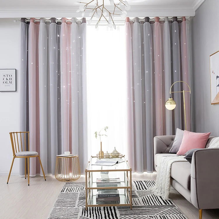 Rainbow Hollow-Out Star Blackout Curtains for Girl Kid Nursery Bedroom and Living Room Double Layer Window Cute Grommet Curtains - Slobuy