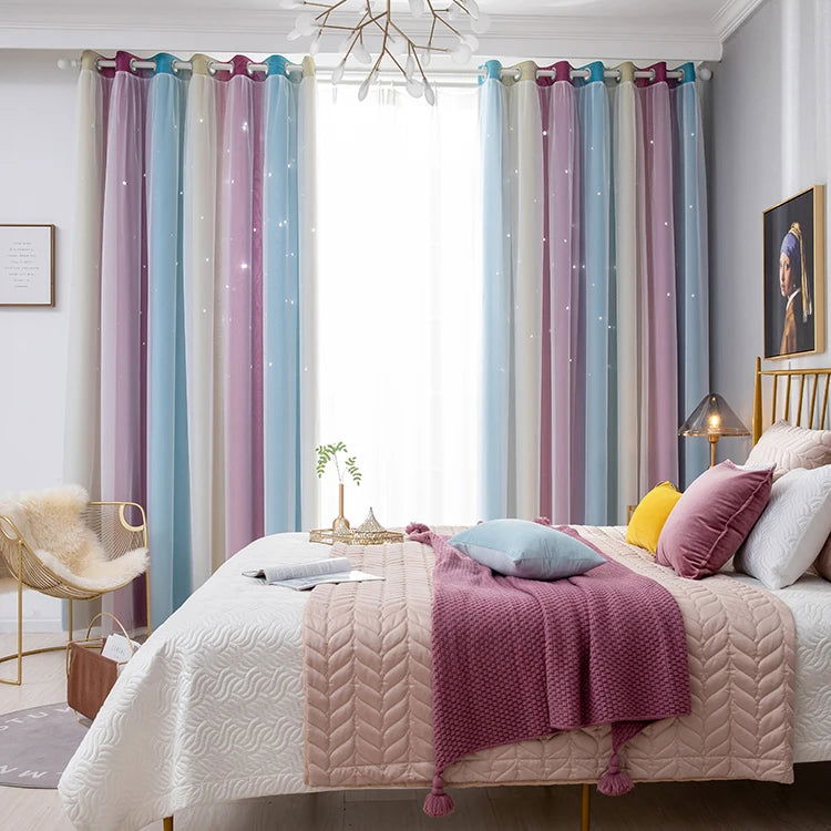 Rainbow Hollow-Out Star Blackout Curtains for Girl Kid Nursery Bedroom and Living Room Double Layer Window Cute Grommet Curtains - Slobuy