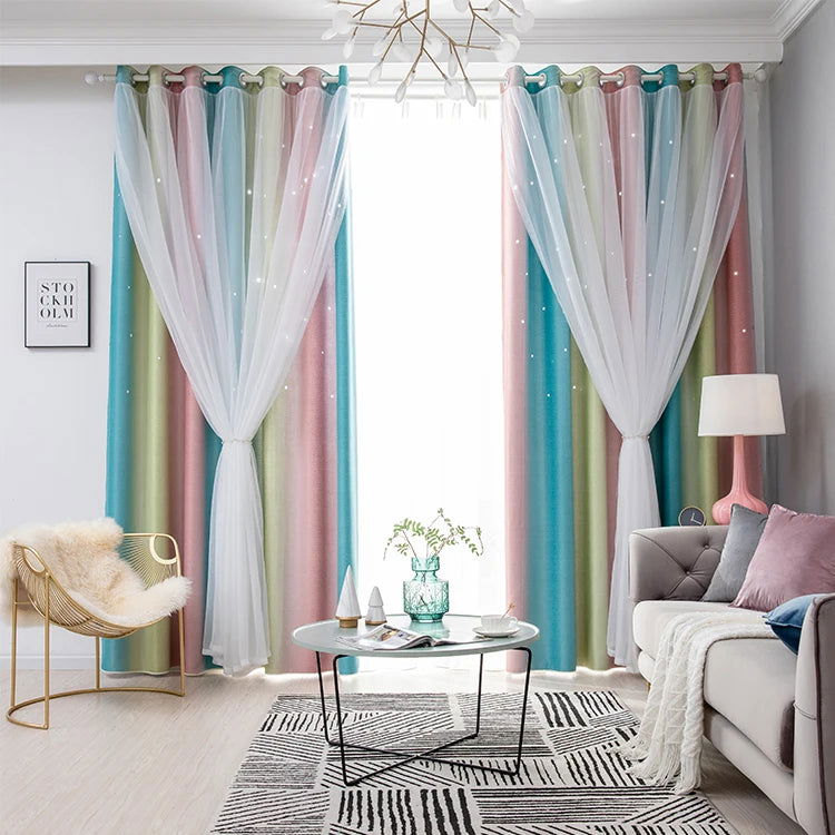 Rainbow Hollow-Out Star Blackout Curtains for Girl Kid Nursery Bedroom and Living Room Double Layer Window Cute Grommet Curtains - Slobuy