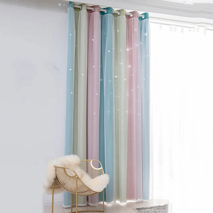 Rainbow Hollow-Out Star Blackout Curtains for Girl Kid Nursery Bedroom and Living Room Double Layer Window Cute Grommet Curtains - Slobuy