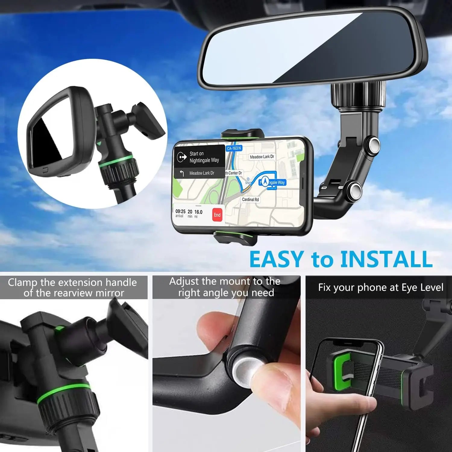 Rearview Mirror Phone Holder, 360° Rotatable and Retractable Car Phone Mount, Multifunctional Rear View Mirror Holder for All C - Slobuy