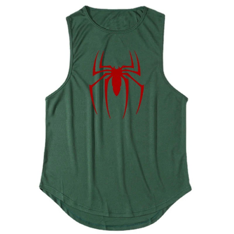 Red Spider Printed Summer Quick Dry Gym Tank Top Mens Bodybuilding Vest Mesh Fitness Sleeveless T Shirt Muscle Workout Clothing - Slobuy