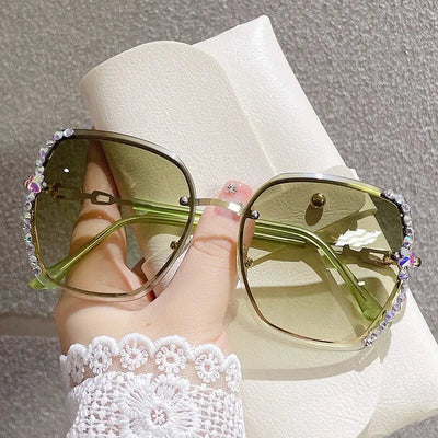 Rhinestone Decor Rimless Fashion Sunglasses For Women Men Casual Gradient Glasses For Summer Beach Party, UV400 - Slobuy