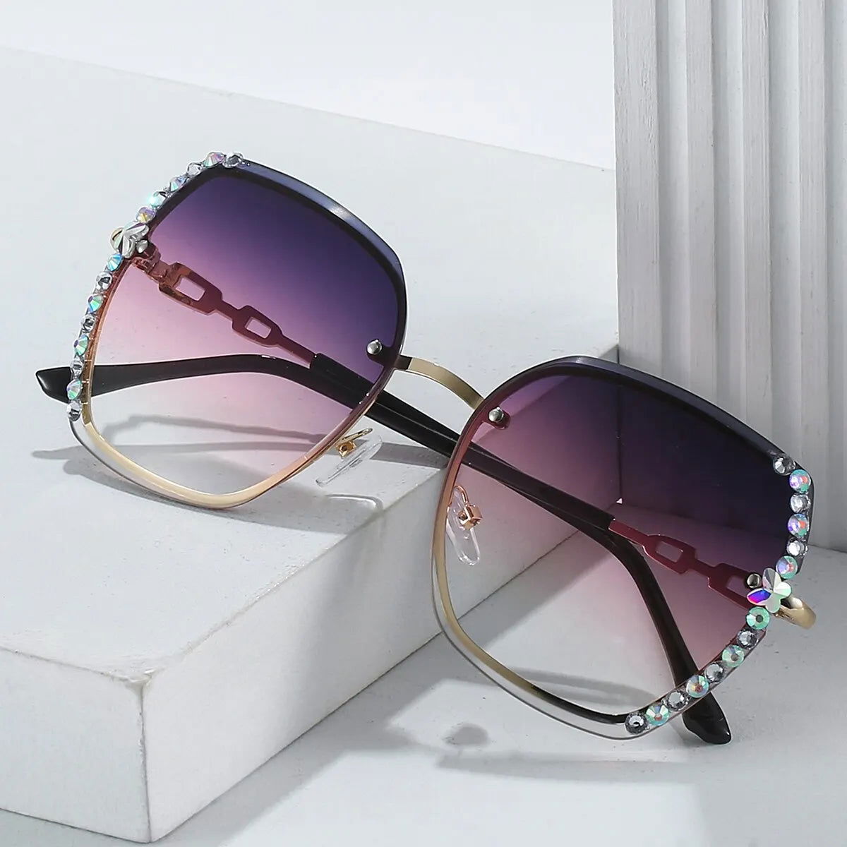 Rhinestone Decor Rimless Fashion Sunglasses For Women Men Casual Gradient Glasses For Summer Beach Party, UV400 - Slobuy