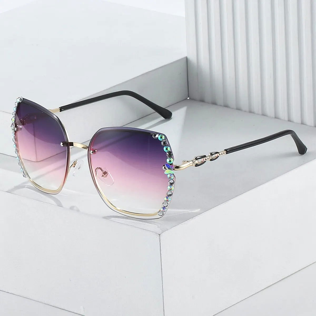 Rhinestone Decor Rimless Fashion Sunglasses For Women Men Casual Gradient Glasses For Summer Beach Party, UV400 - Slobuy