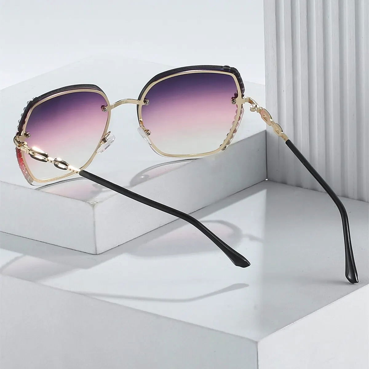 Rhinestone Decor Rimless Fashion Sunglasses For Women Men Casual Gradient Glasses For Summer Beach Party, UV400 - Slobuy