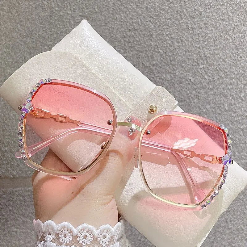 Rhinestone Decor Rimless Fashion Sunglasses For Women Men Casual Gradient Glasses For Summer Beach Party, UV400 - Slobuy