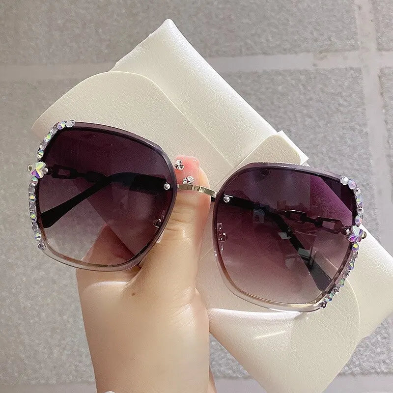 Rhinestone Decor Rimless Fashion Sunglasses For Women Men Casual Gradient Glasses For Summer Beach Party, UV400 - Slobuy