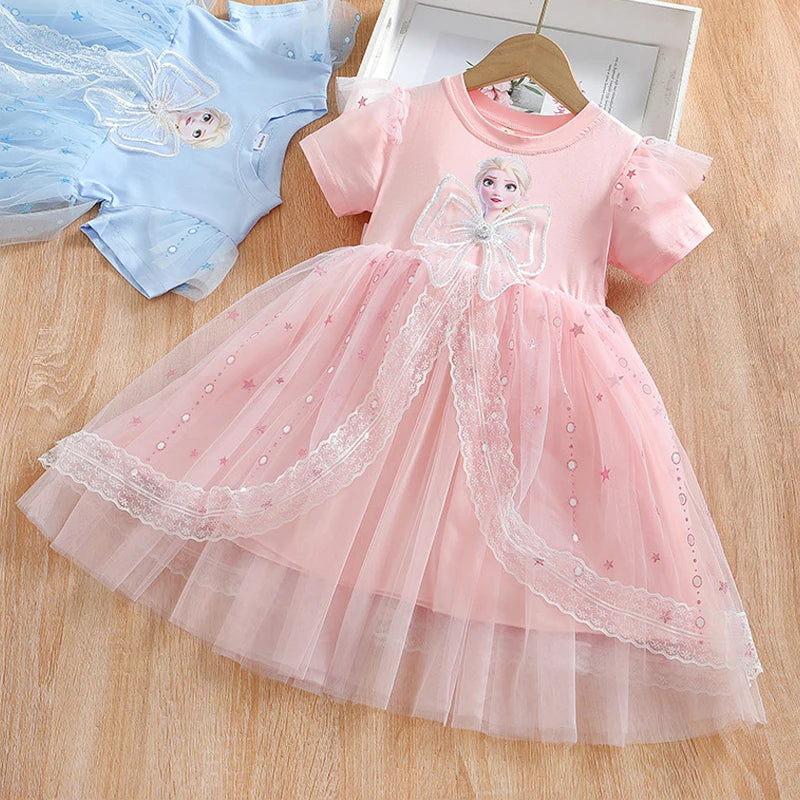 Girls Dress Cartoon 2024 Summer Frozen Fashion Children's Elsa Princess Baby Girl Toddler Short Sleeve Cute Party Dresses 3-9Y