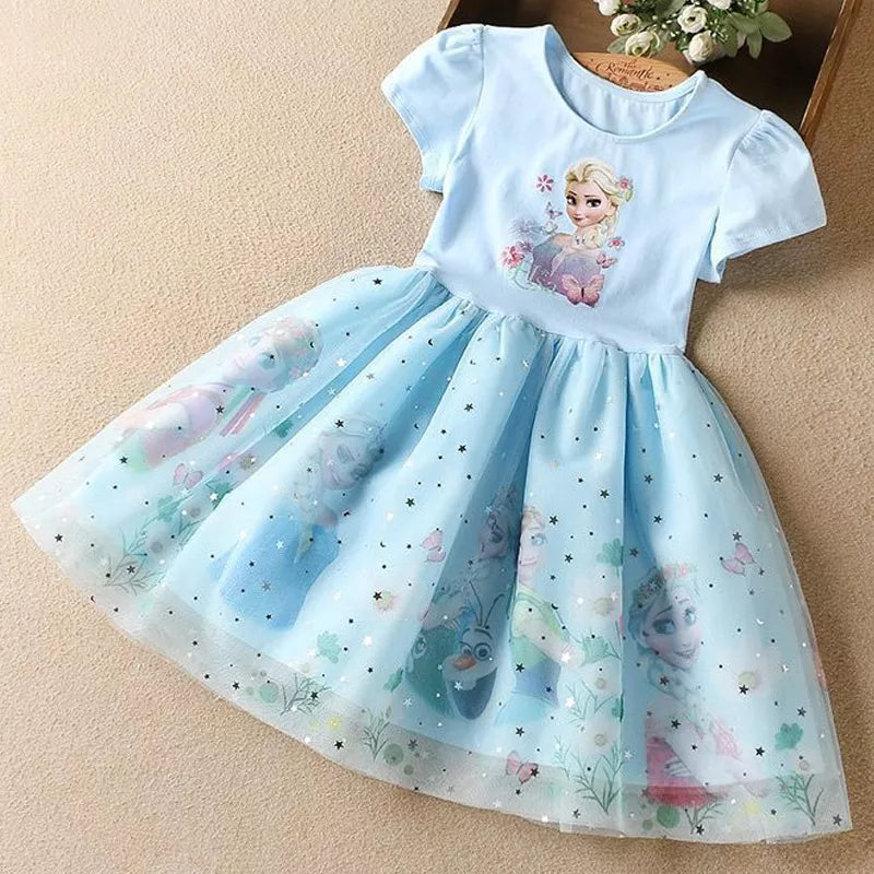 Girls Dress Cartoon 2024 Summer Frozen Fashion Children's Elsa Princess Baby Girl Toddler Short Sleeve Cute Party Dresses 3-9Y