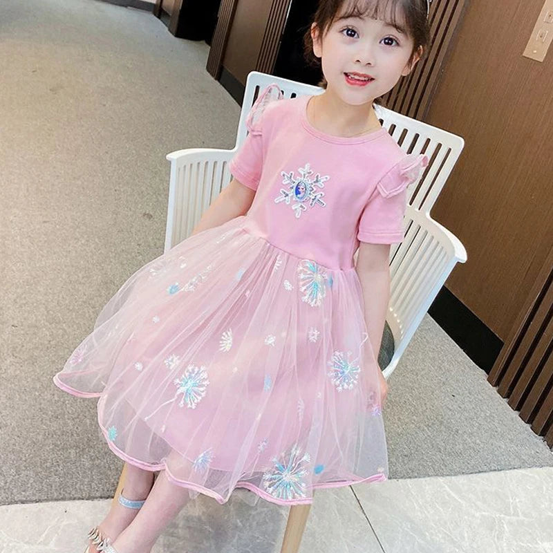 Girls Dress Cartoon 2024 Summer Frozen Fashion Children's Elsa Princess Baby Girl Toddler Short Sleeve Cute Party Dresses 3-9Y