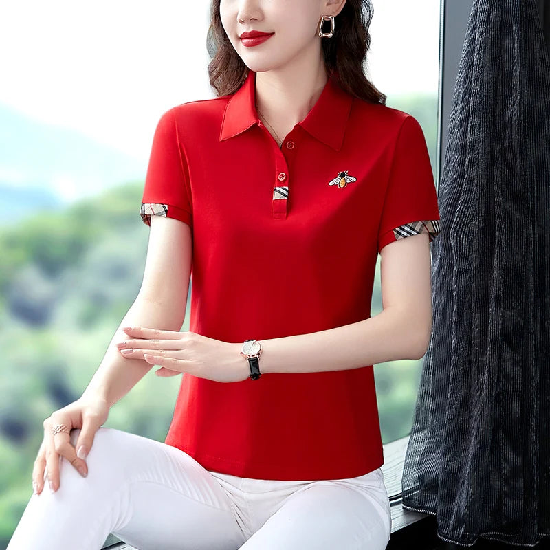 Women's Polo Shirt short sleeve basic shirts Bee Embroidered T-shirt Golf T-shirts Female Sports Polo Tee Oversized Top Pulovers